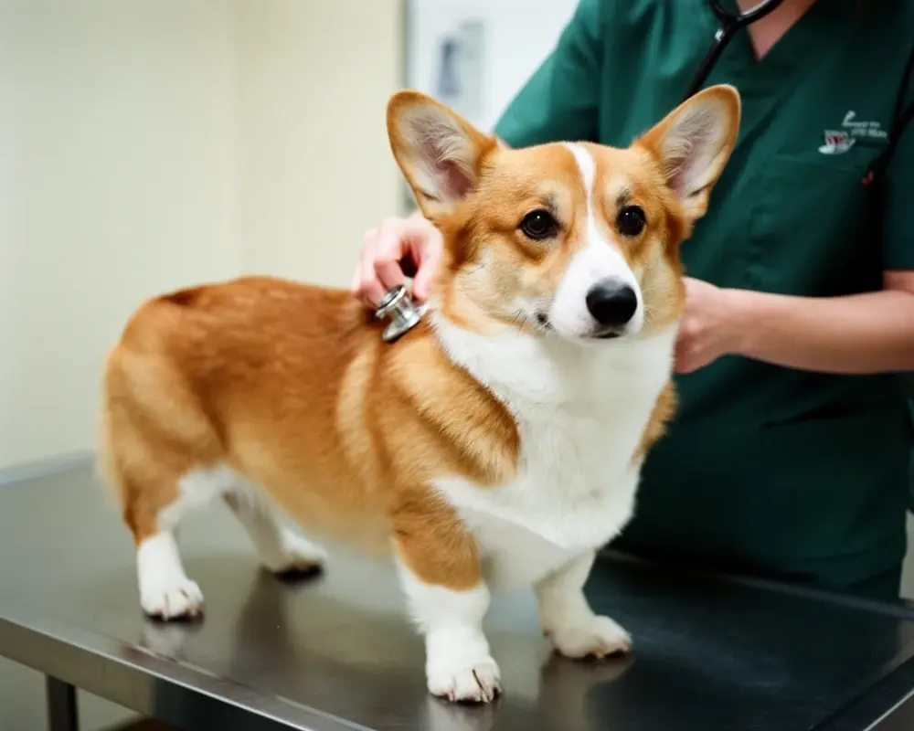 Corgi Pembroke examiné sur la table du vétérinaire